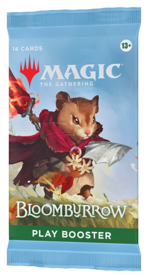 "Magic: The Gathering Bloomburrow Play Booster Pack met kleurrijke woodland‑thema‑illustraties en 14 MTG‑kaarten per booster."