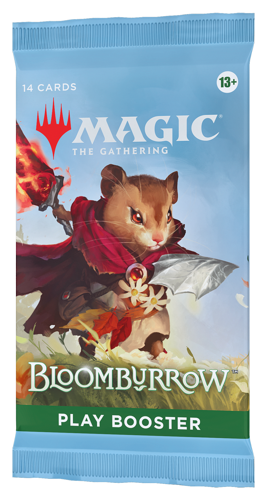 "Magic: The Gathering Bloomburrow Play Booster Pack met kleurrijke woodland‑thema‑illustraties en 14 MTG‑kaarten per booster."