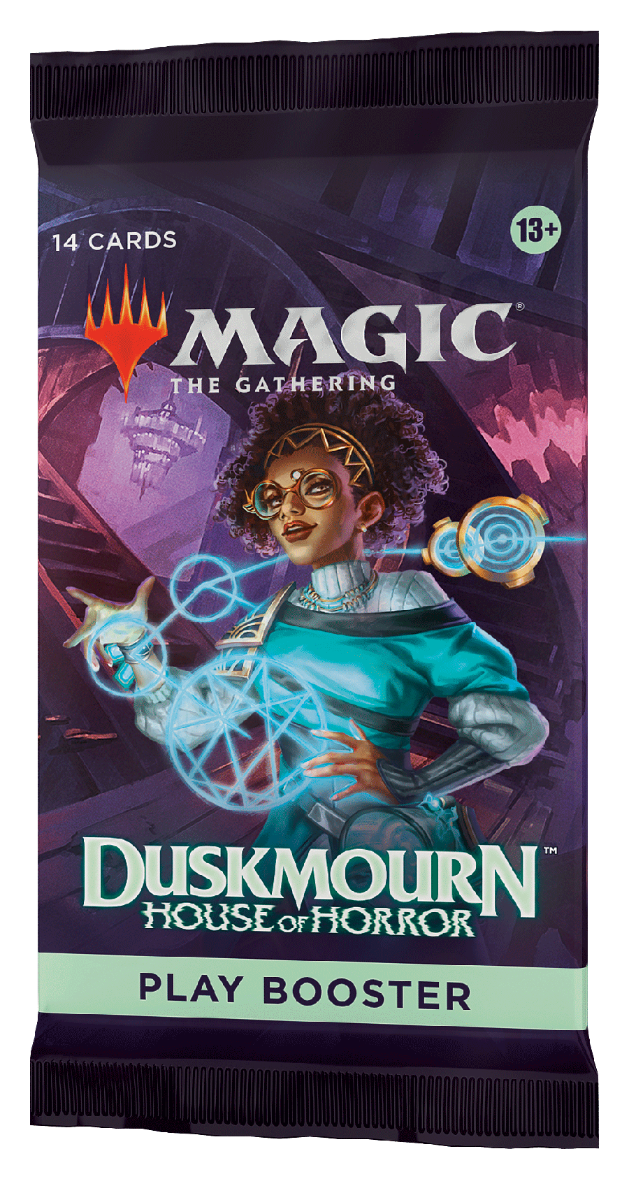 Magic: The Gathering Duskmourn booster pack met horror‑illustratie