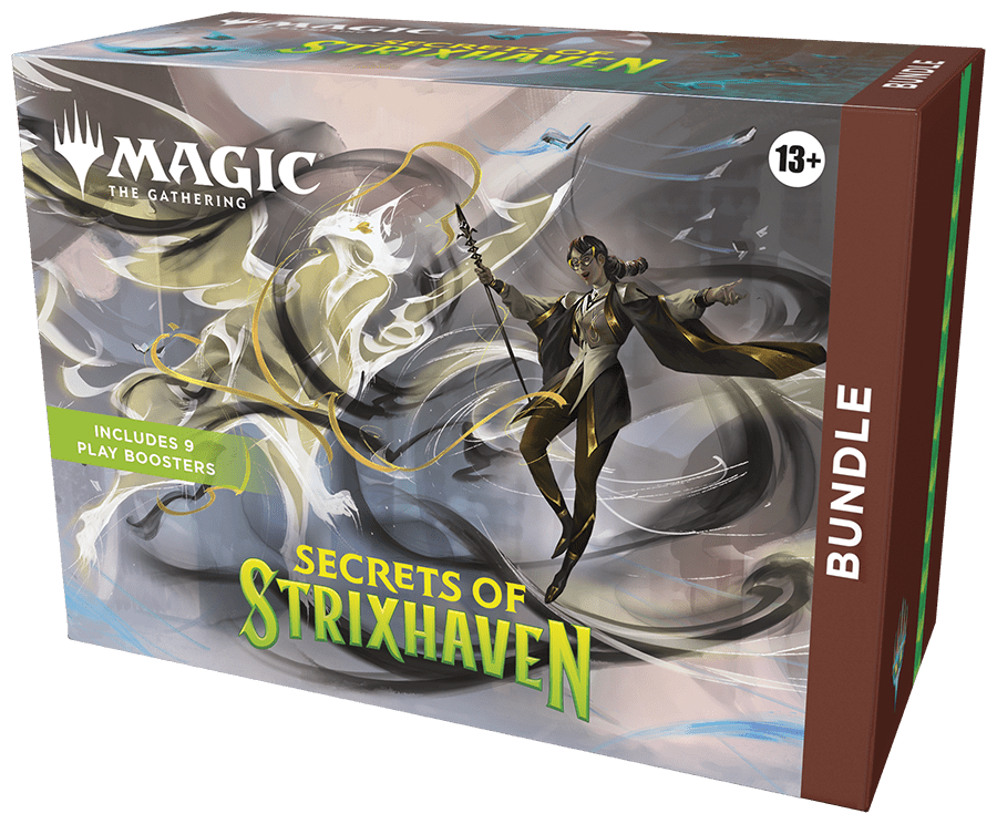 Magic the Gathering Secrets of Strixhaven Bundle met box, boosters en accessoires.