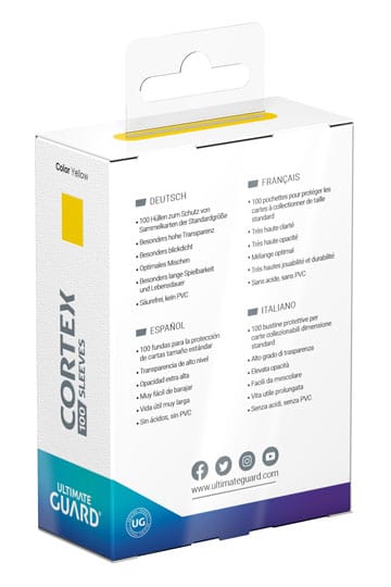 Gele Ultimate Guard Cortex TCG‑sleeves met transparante voorkant en gripvaste textuur, verpakking van 100.
