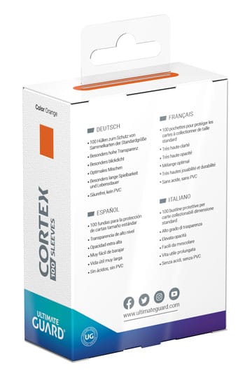 Ultimate Guard Cortex oranje sleeves – heldere voorkant en textuur achterkant, 100 stuks.