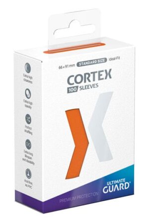 Ultimate Guard Cortex Sleeves Standard Size in oranje – matte achterkant, heldere voorkant, 100 stuks voor TCG‑kaartbescherming.