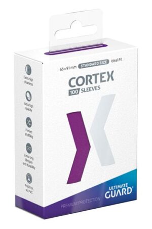 Paarse Ultimate Guard Cortex TCG‑sleeves met transparante voorkant en gripvaste textuur, verpakking van 100.