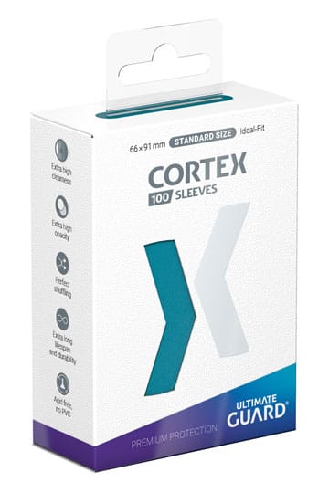 Ultimate Guard Cortex Sleeves Standard Size – petrolkleurige sleeves met textuur achterkant en heldere voorkant, 100 stuks.